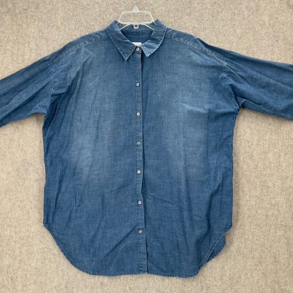Chicos Blue Cotton Chambray Button Down Shirt Oversized Roll Tab Size 3 XL - Picture 3 of 10